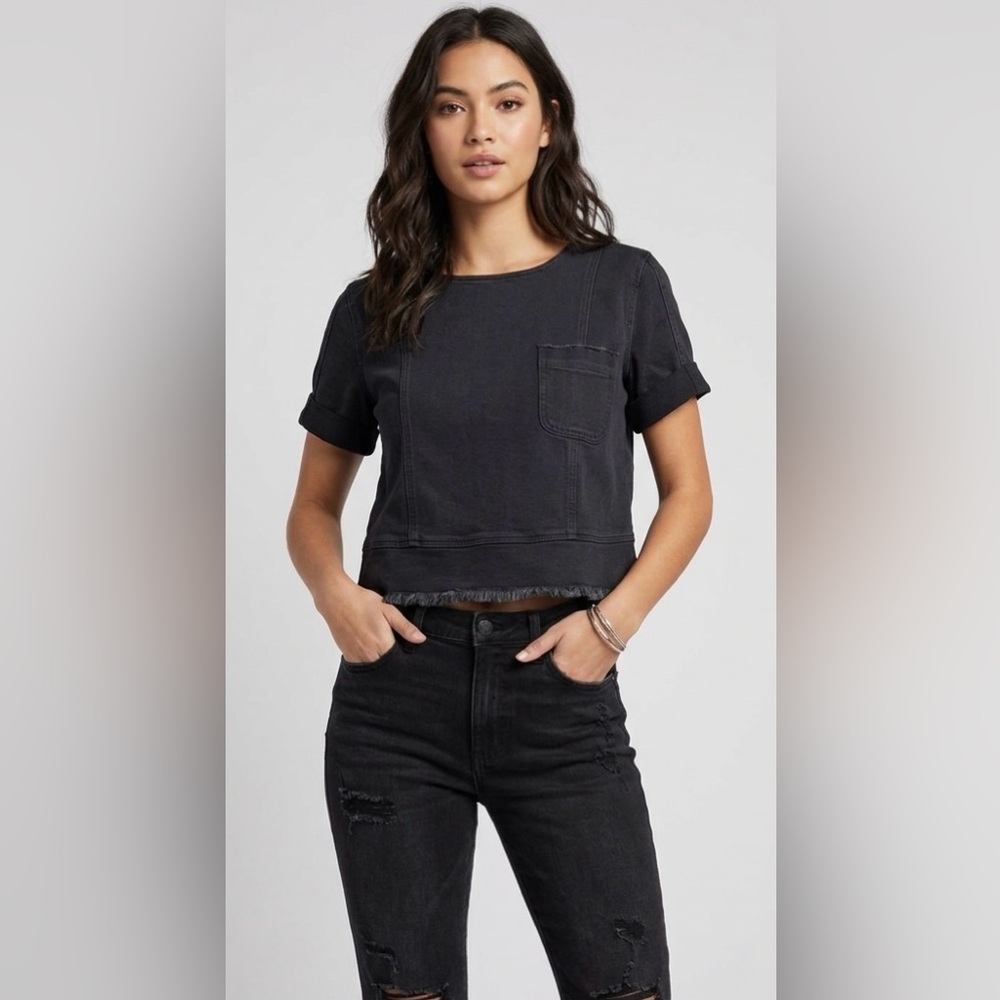 7 For All Mankind Stretch Cotton Back Zip Frayed Hem Top